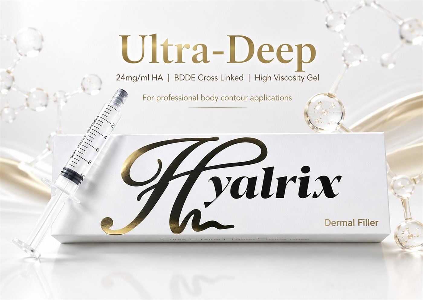 Hyalrix 10ml white gold dermal filler product banner with syringe