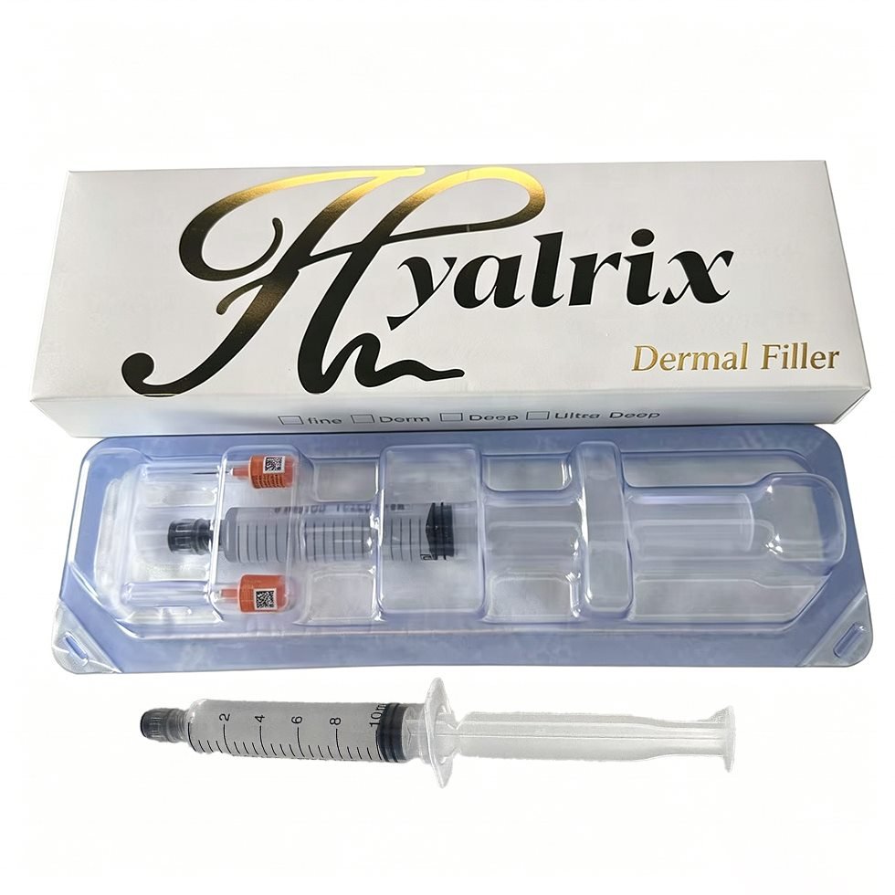 Hyalrix 10ml white gold dermal filler package with pre-filled syringe and needle tray