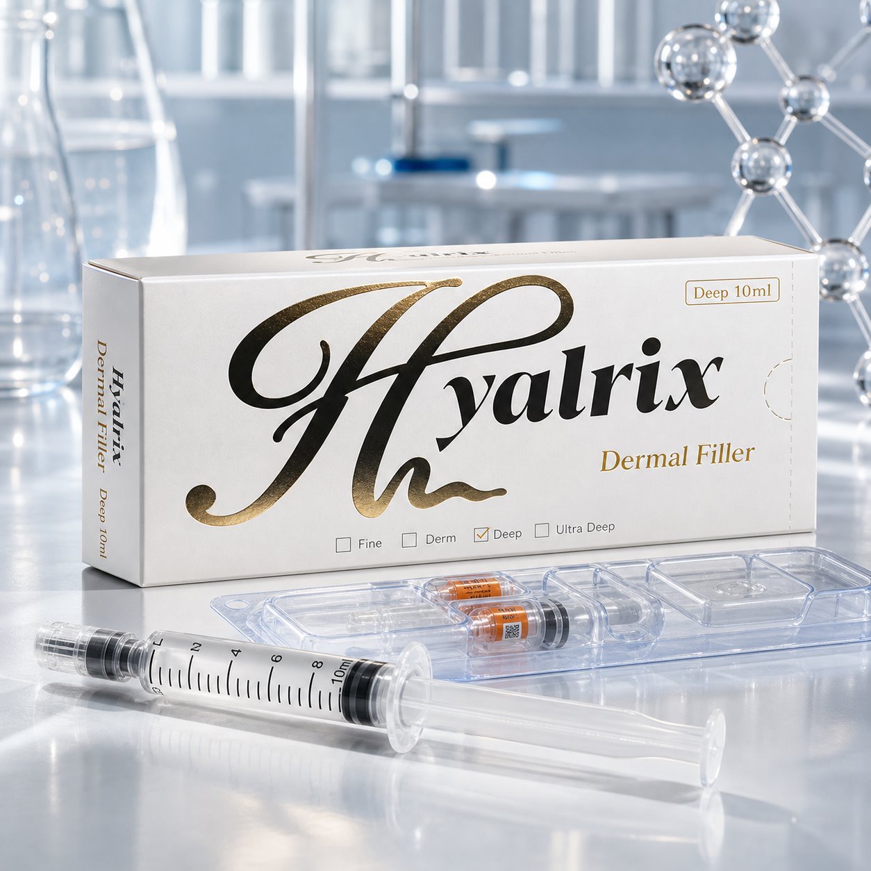 Hyalrix Deep Line 10ml white gold dermal filler premium product hero for cheek chin and facial contour positioning