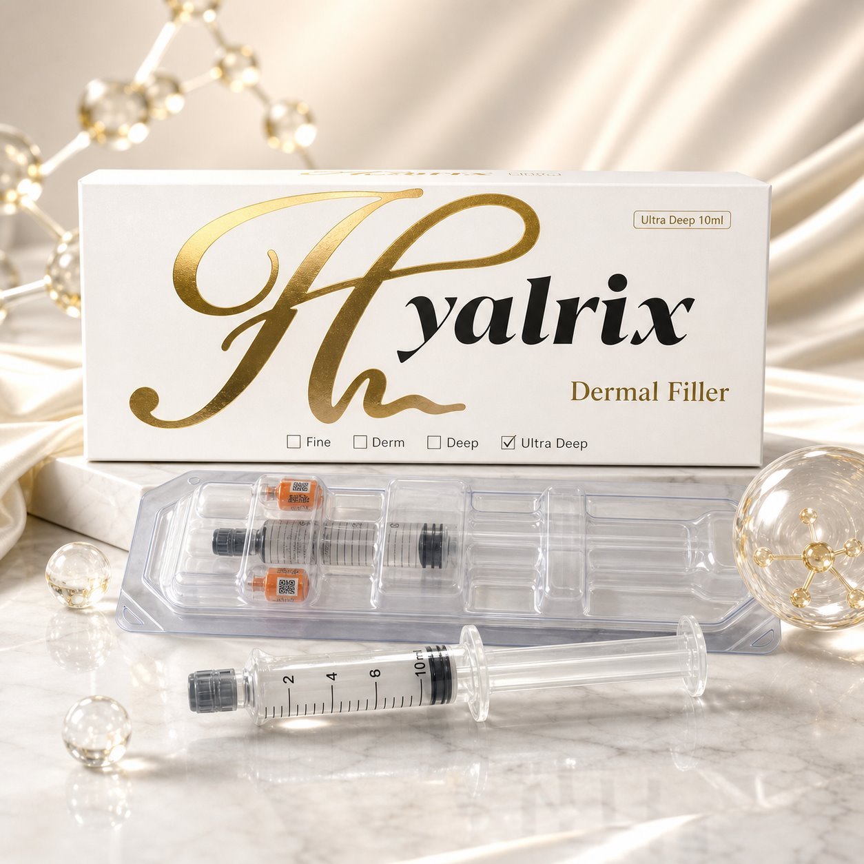 Hyalrix Ultra Deep Line 10ml white gold dermal filler premium product hero for breast buttock and deep contour positioning