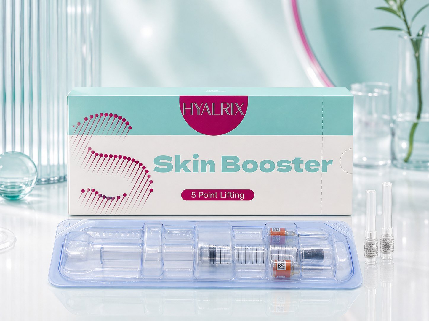 Hyalrix 5 Point Lifting Skin Booster premium product hero image with syringe tray