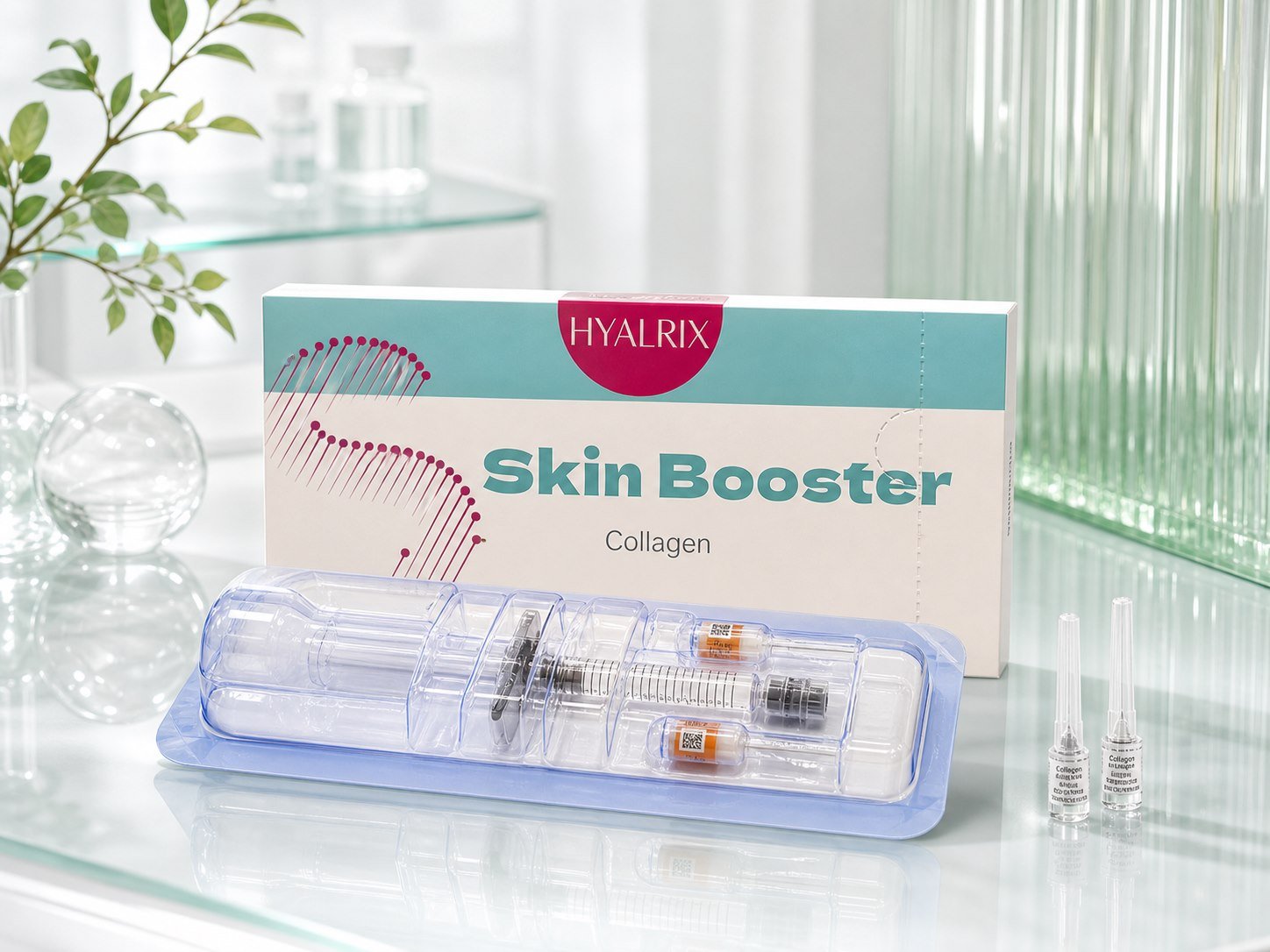Hyalrix Collagen Skin Booster premium product hero image with syringe tray