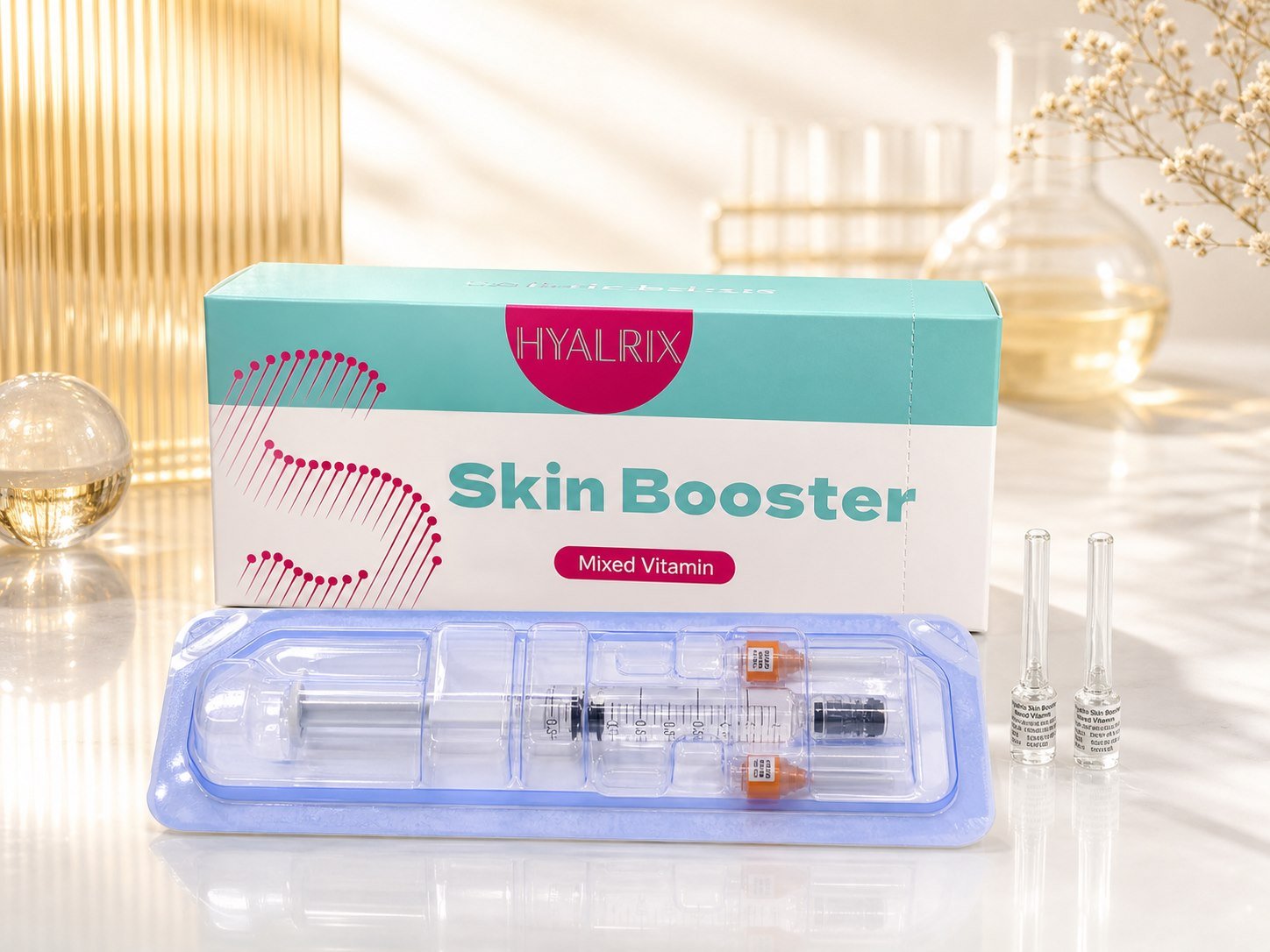 Hyalrix Mixed Vitamin Skin Booster premium product hero image with syringe tray