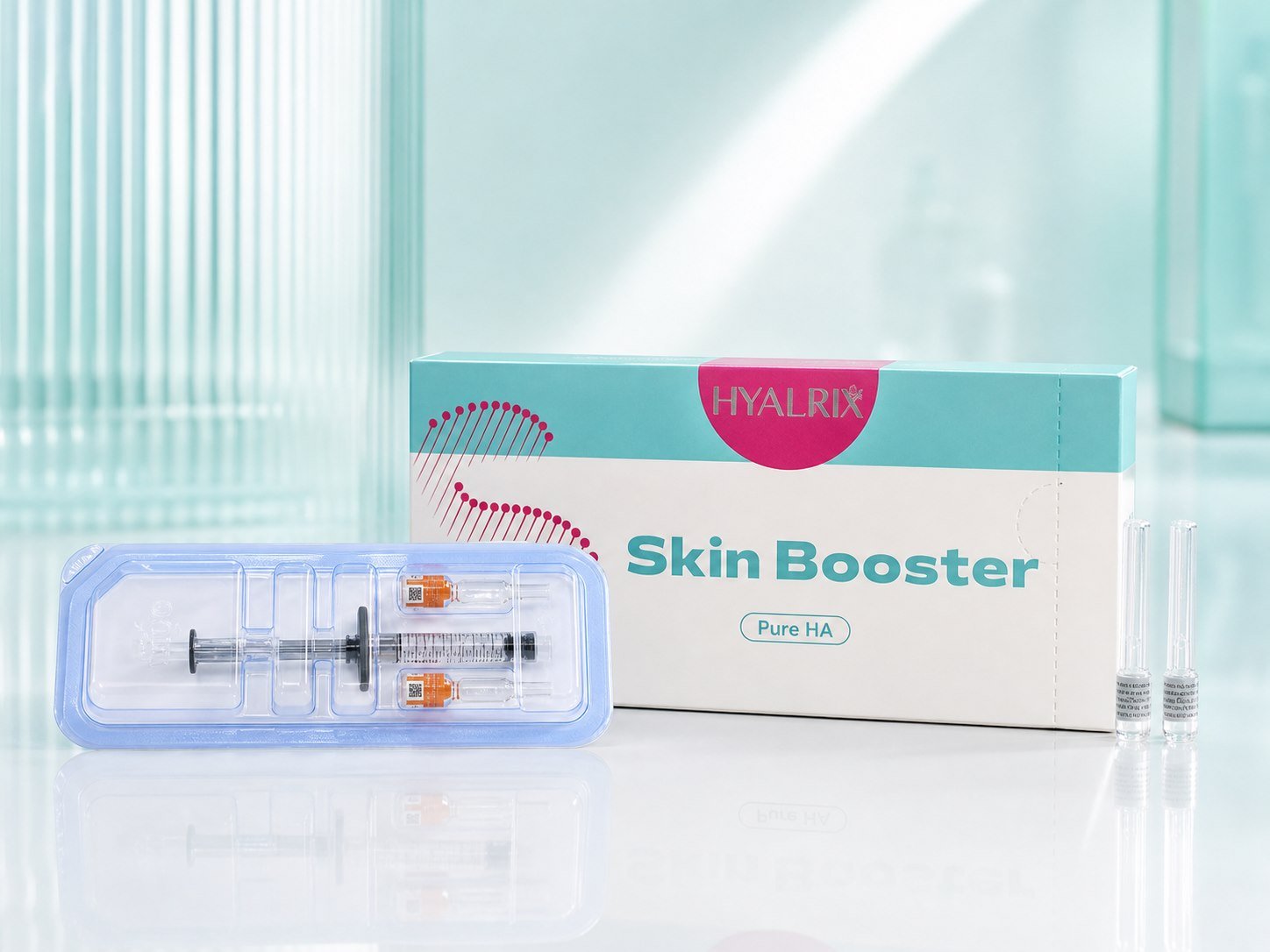 Hyalrix Pure HA Skin Booster premium product hero image with syringe tray